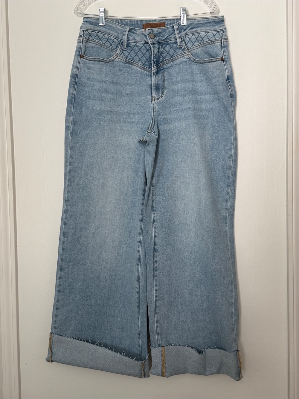 Judy Blue Luxe Quilted Retro Wide Leg Jeans Cuffed Light Blue 16W
